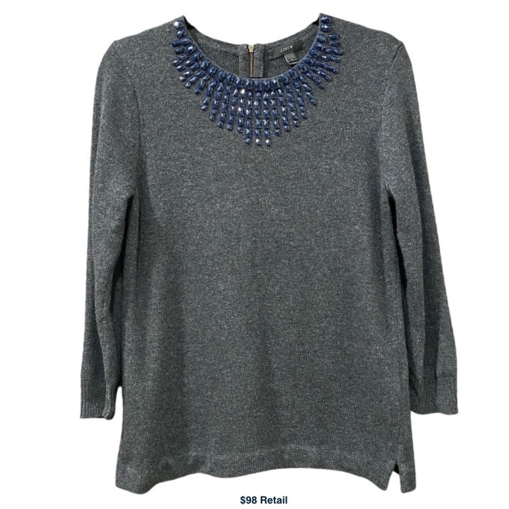 J. CREW Jeweled Starburst Crewneck Sweater S Gray Wool Rabbit Hair Embellished